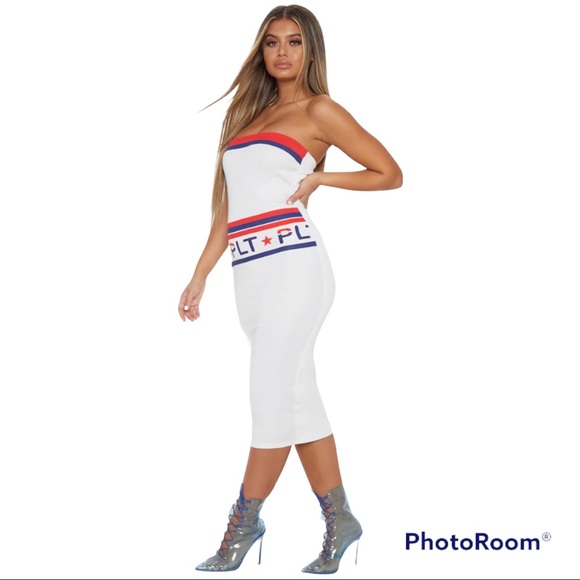 Pretty Little Thing White Graphic Bandeau Bodycon Dress - Picture 2 of 12